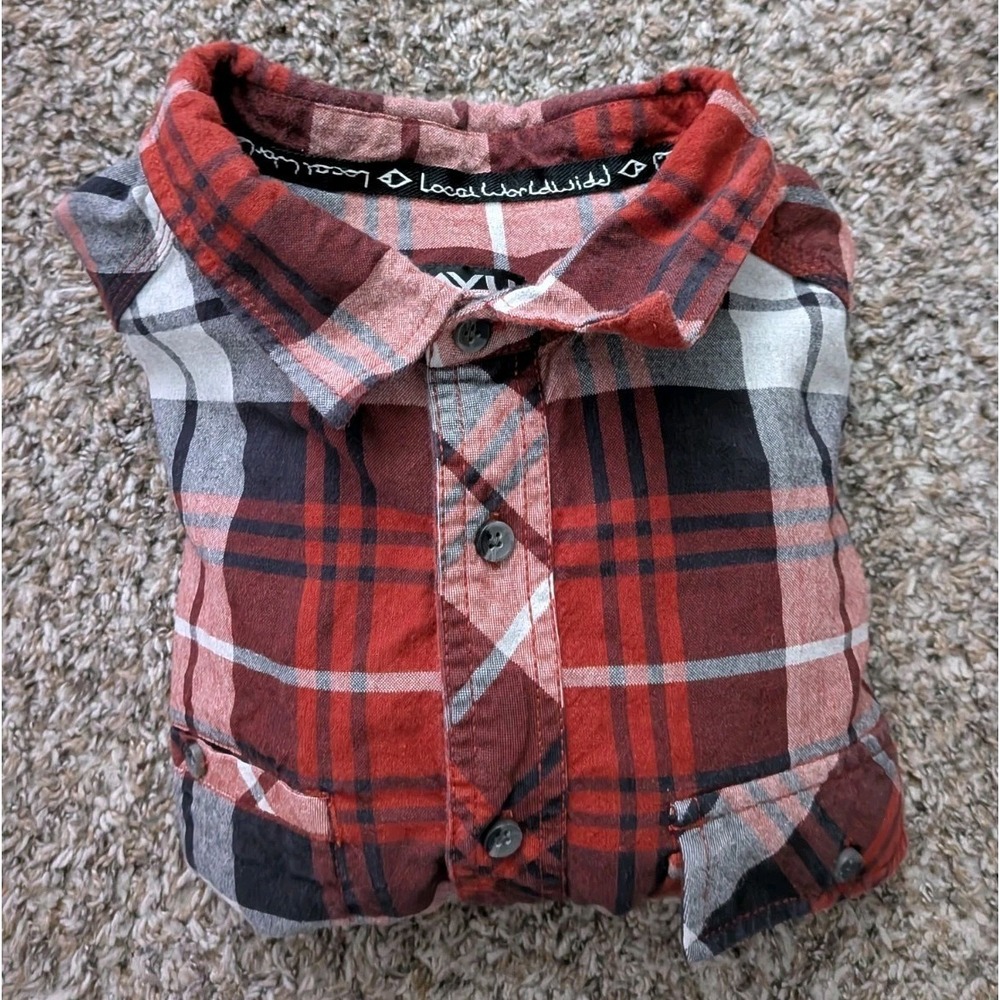 Kavu Plaid Flannel Shirt Mens Sz L Button Down Red Long Sleeve Cotton‎ Polyester